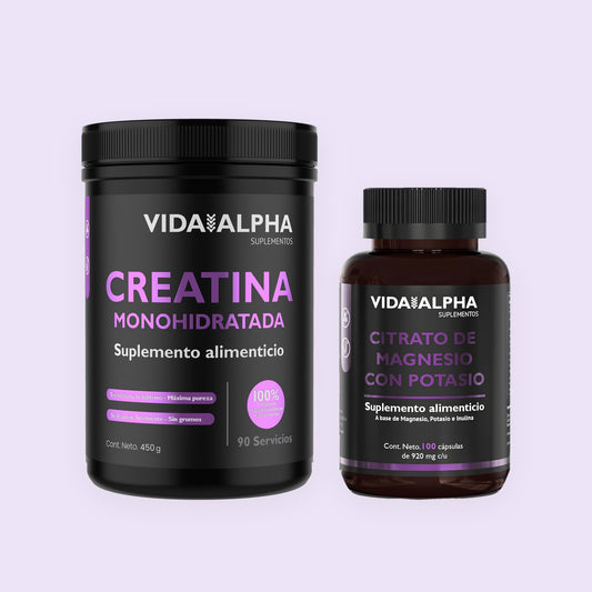 Dúo Alpha: bote de Creatina Monohidratada y frasco de Citrato de Magnesio con Potasio de Vida Alpha