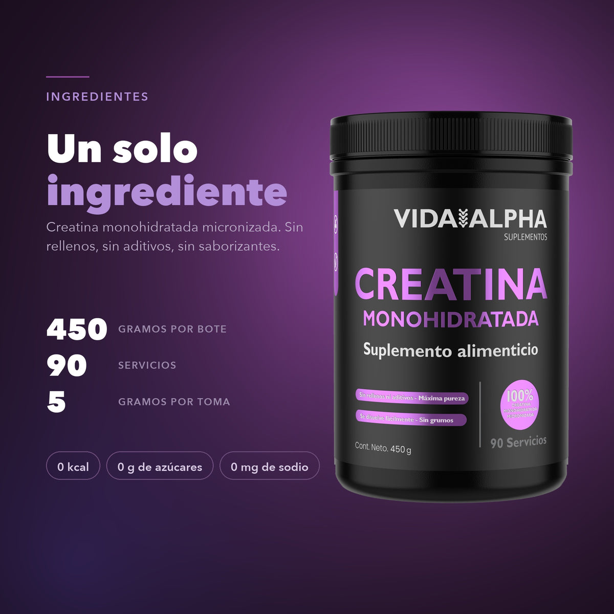 Un solo ingrediente: creatina monohidratada micronizada, sin rellenos ni aditivos