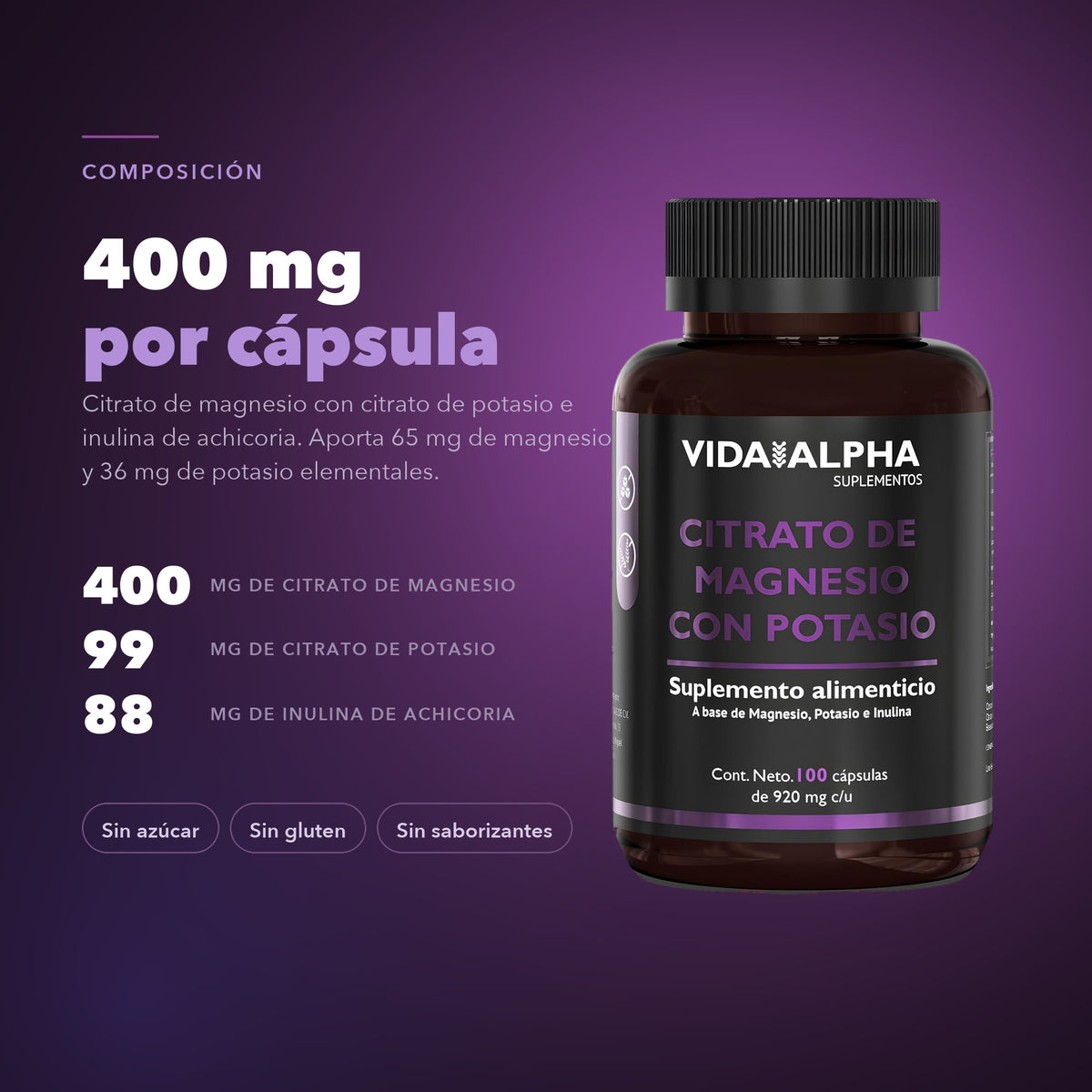 Composición por cápsula: 400 mg de citrato de magnesio, 99 mg de citrato de potasio y 88 mg de inulina de achicoria