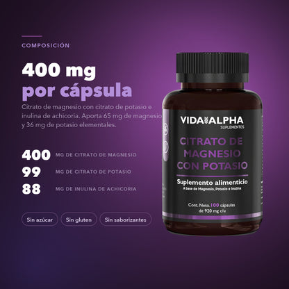 Composición por cápsula: 400 mg de citrato de magnesio, 99 mg de citrato de potasio y 88 mg de inulina de achicoria