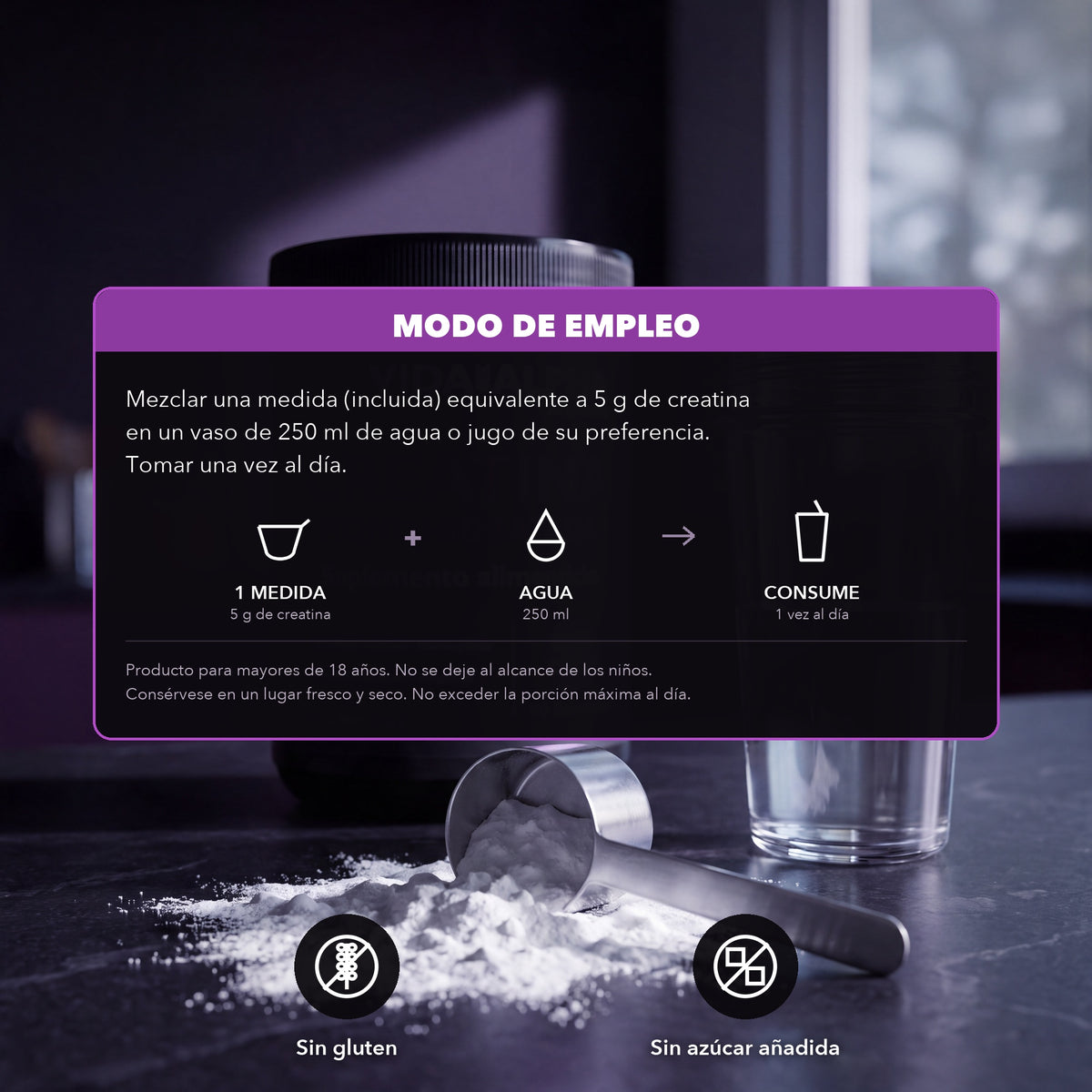 Modo de empleo: una medida de 5 g al día disuelta en agua, junto al bote de creatina