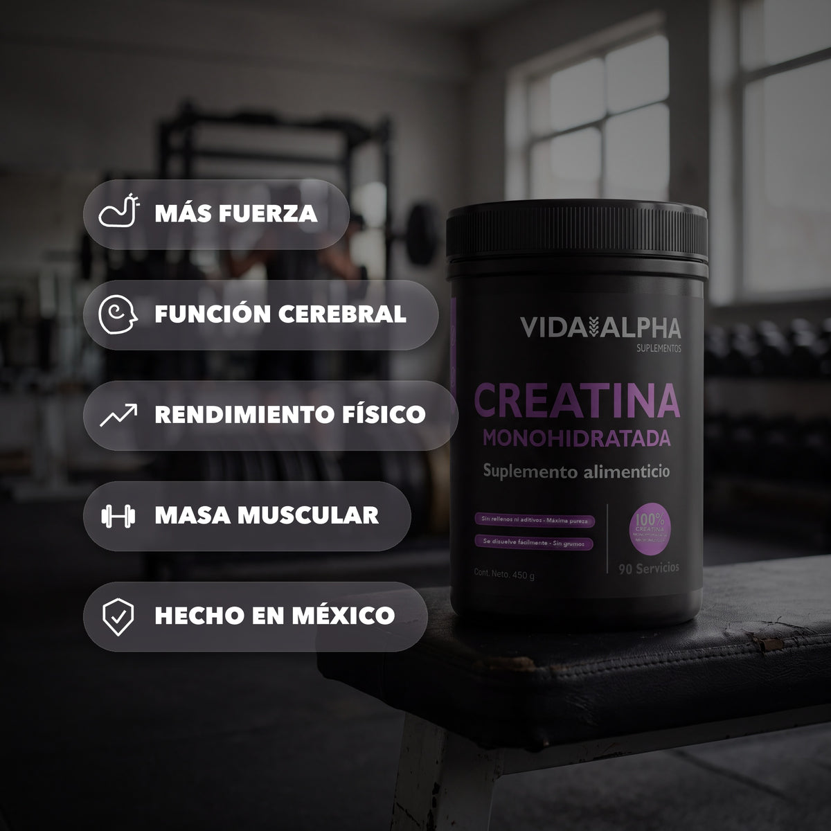 Bote de Creatina Monohidratada Micronizada de Vida Alpha, con los puntos de la etiqueta al lado