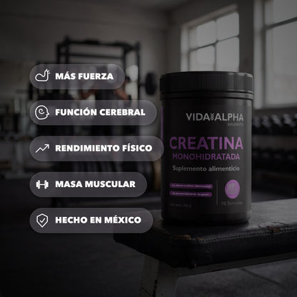 Bote de Creatina Monohidratada Micronizada de Vida Alpha, con los puntos de la etiqueta al lado