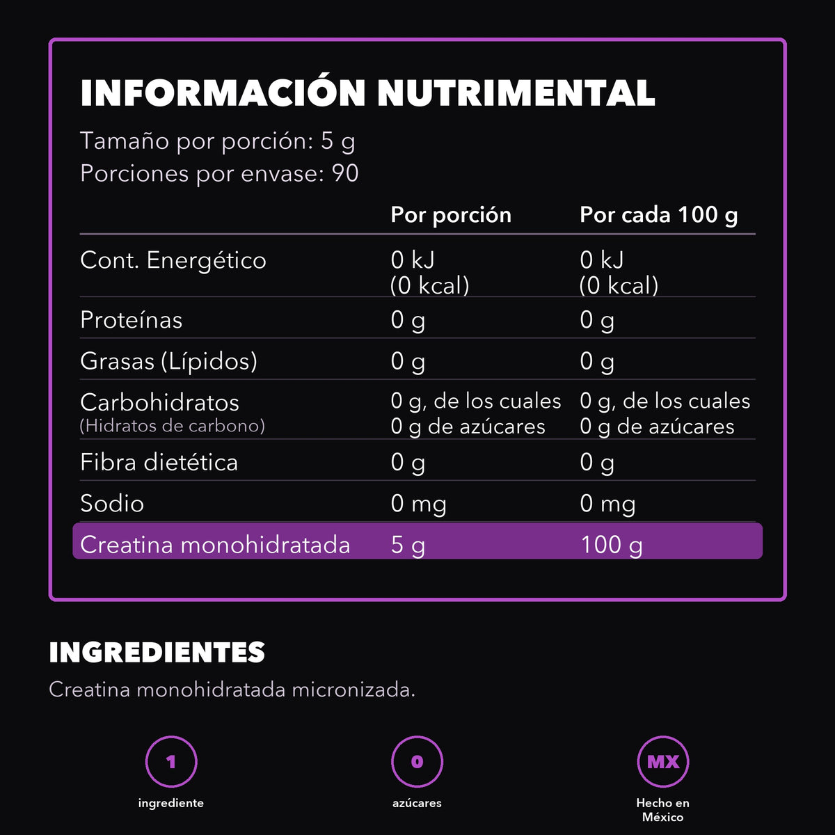 Tabla nutrimental de la Creatina Monohidratada Micronizada de Vida Alpha