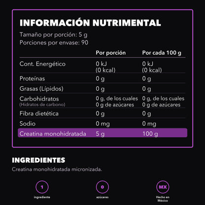 Tabla nutrimental de la Creatina Monohidratada Micronizada de Vida Alpha