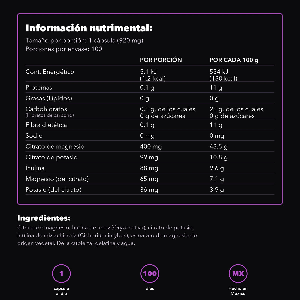 Tabla nutrimental del Citrato de Magnesio con Potasio de Vida Alpha