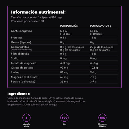 Tabla nutrimental del Citrato de Magnesio con Potasio de Vida Alpha