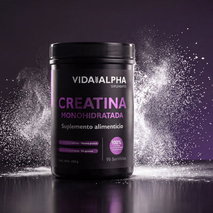 Bote de Creatina Monohidratada Micronizada de Vida Alpha con polvo suspendido en el aire