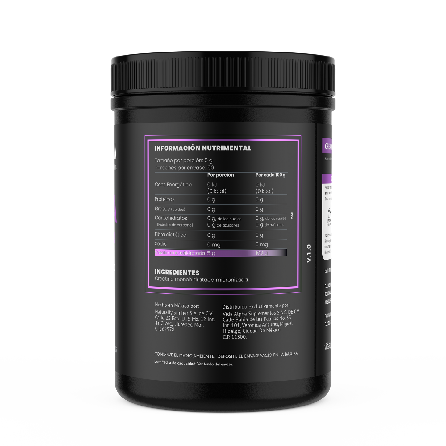 Información nutrimental - 5g por porción, 90 servicios, 0 calorías