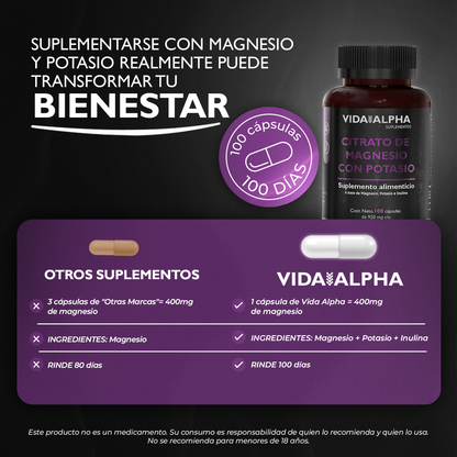 Citrato De Magnesio con Potasio, 100 Cápsulas Para 100 Días